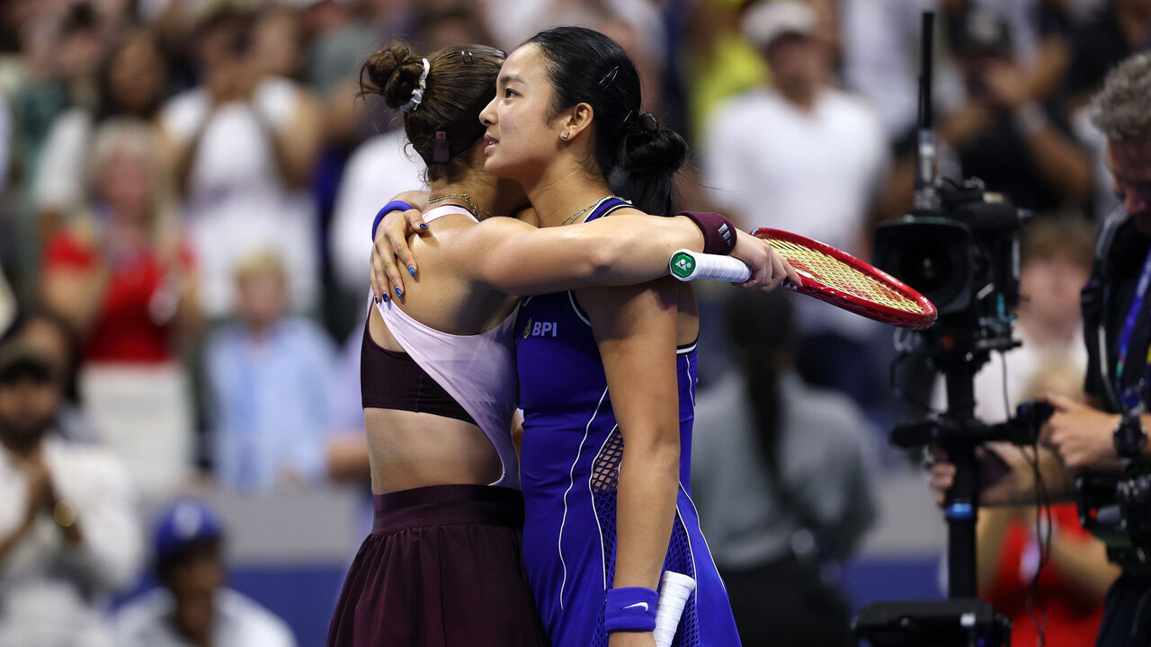 NEW YORK, NEW YORK - SEPTEMBER 05: Iva Jovic of the United States hugs after a win against Alexandra Eala of Philippines during their Women's Singles Third Round match on Day Seven of the 2026 US Open at USTA Billie Jean King National Tennis Center on September 05, 2026 in the Flushing neighborhood of the Queens borough of New York City.