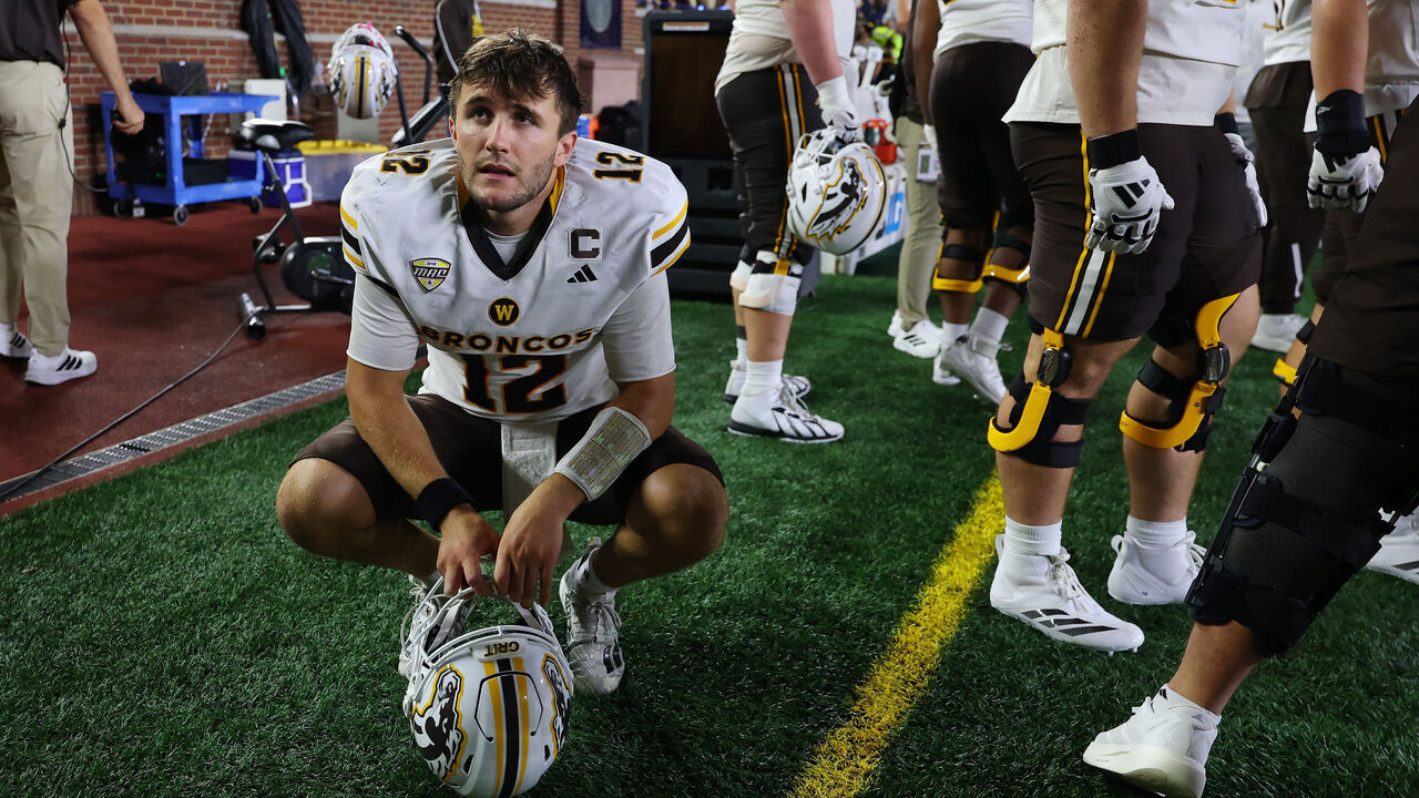 ANN ARBOR, MICHIGAN - SEPTEMBER 05: Broc Lowry #12 of the Western Michigan Broncos looks on with seconds to play against the Michigan Wolverines at Michigan Stadium on September 05, 2026 in Ann Arbor, Michigan. Michigan won the game on a 47 yard touchdown pass with no time on the clock.