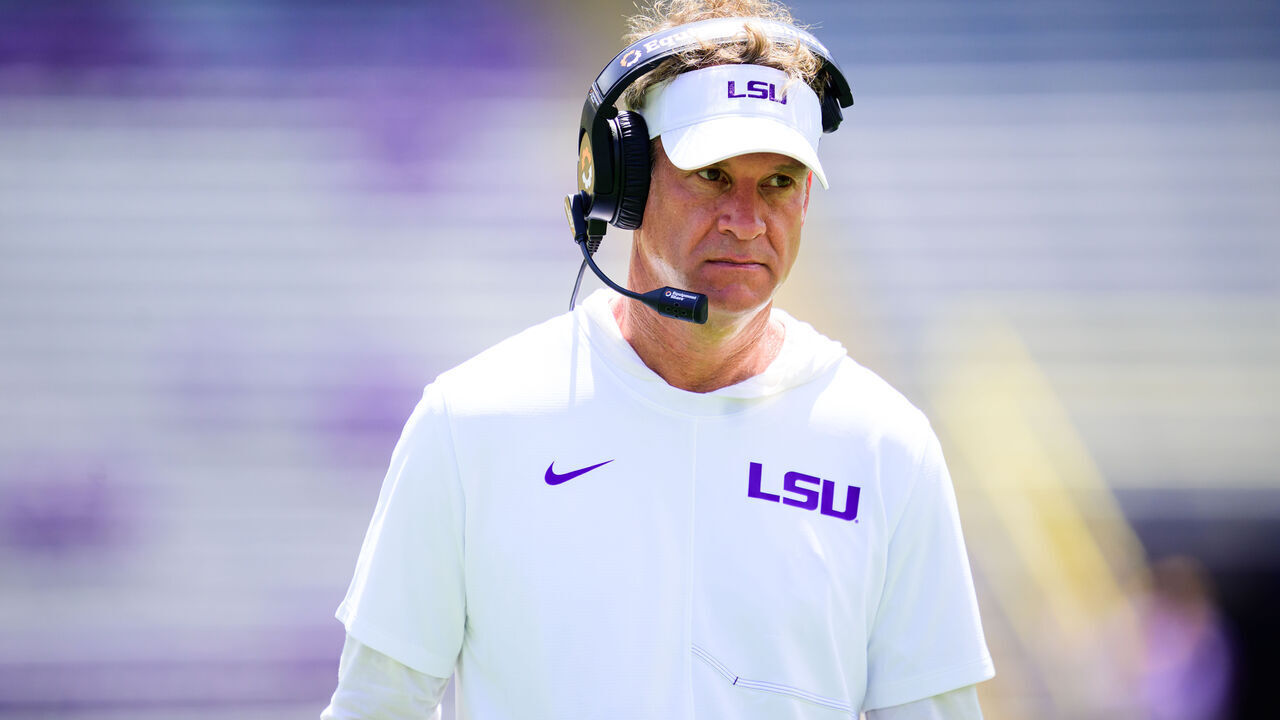 BATON ROUGE, LOUISIANA - AUGUST 22: Head coach Lane Kiffin of the LSU Tigers in action during fall practice at Tiger Stadium on August 22, 2026 in Baton Rouge, Louisiana.