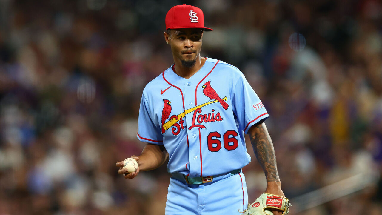 DENVER, CO - SEPTEMBER 5: Relief pitcher Hancel Rincon #66 of the St. Louis Cardinals reacts after giving up an RBI single in the seventh inning against the Colorado Rockies at Coors Field on September 5, 2026 in Denver, Colorado.