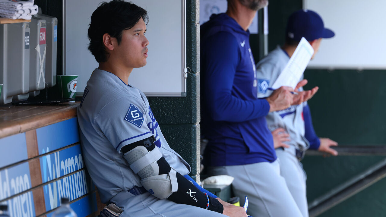 DETROIT, MICHIGAN - AUGUST 29: Shohei Ohtani #17 of the Los Angeles Dodgers looks on from the dugout in the second inning while playing the Detroit Tigers at Comerica Park on August 29, 2026 in Detroit, Michigan.
