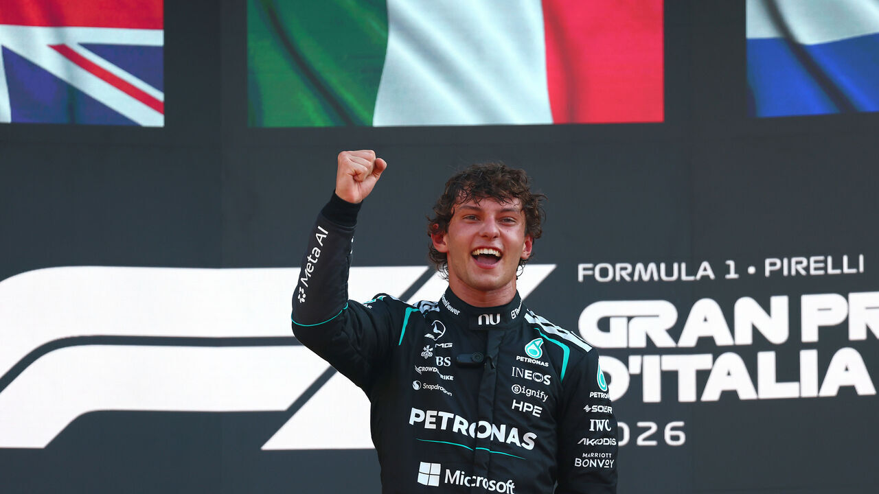 MONZA, ITALY - SEPTEMBER 06: Race winner Andrea Kimi Antonelli of Italy and Mercedes AMG Petronas F1 Team celebrates on the podium during the F1 Grand Prix of Italy at Autodromo Nazionale Monza on September 06, 2026 in Monza, Italy.
