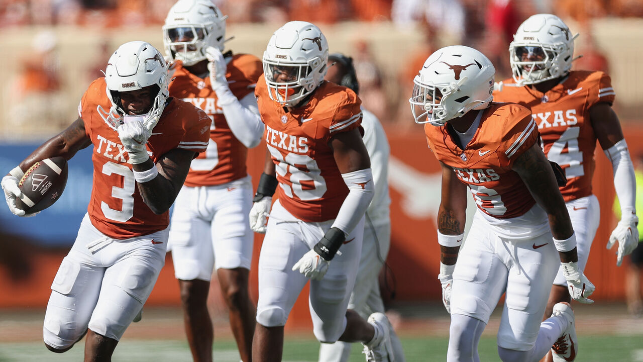 AUSTIN, TEXAS - SEPTEMBER 05: Rasheem Biles #3 of the Texas Longhorns reacts after a turnover in the second half against the Texas State Bobcats at Darrell K Royal-Texas Memorial Stadium on September 05, 2026 in Austin, Texas.