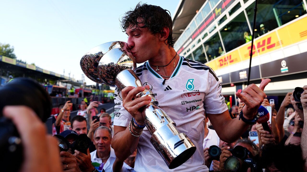 Mercedes driver Andrea Kimi Antonelli celebrates winning the Italian Grand Prix at the Autodromo Nazionale Monza in Italy. Picture date: Sunday September 6, 2026.