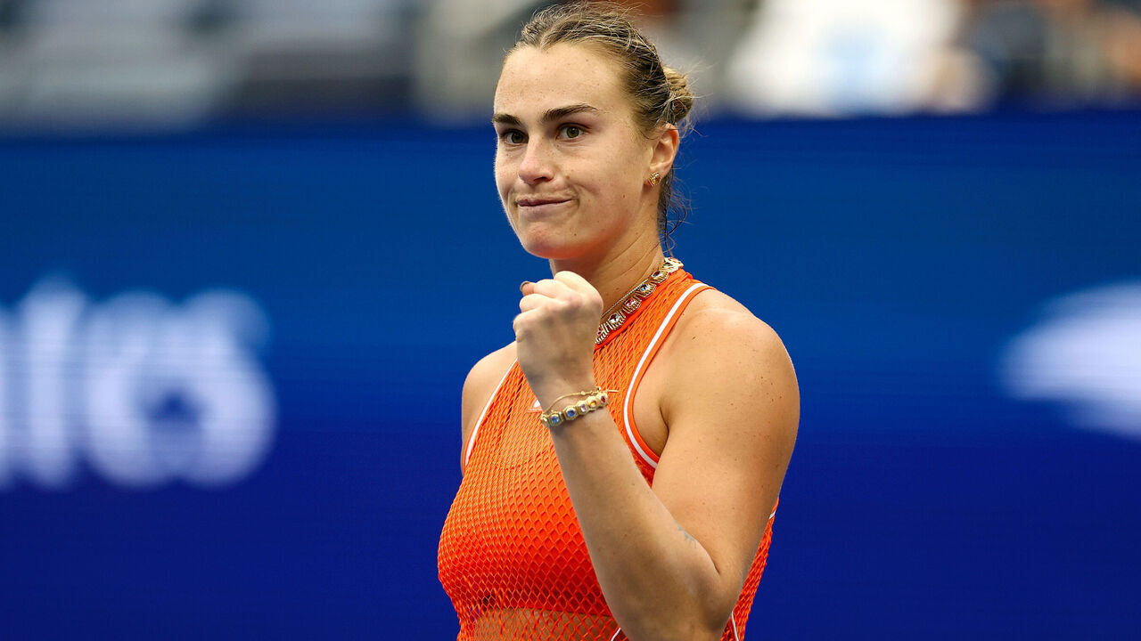 NEW YORK, NEW YORK - SEPTEMBER 06: Aryna Sabalenka reacts against Taylor Townsend of the United States during their Women's Singles Fourth Round match on Day Eight of the 2026 US Open at USTA Billie Jean King National Tennis Center on September 06, 2026 in the Flushing neighborhood of the Queens borough of New York City.