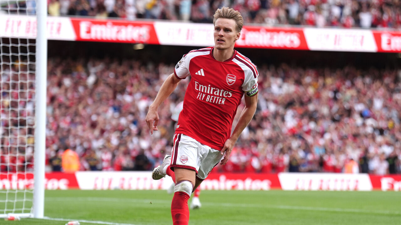 Arsenal's Martin Odegaard celebrates scoring their side's second goal of the game during the Premier League match at Emirates Stadium, London. Picture date: Sunday September 6, 2026.