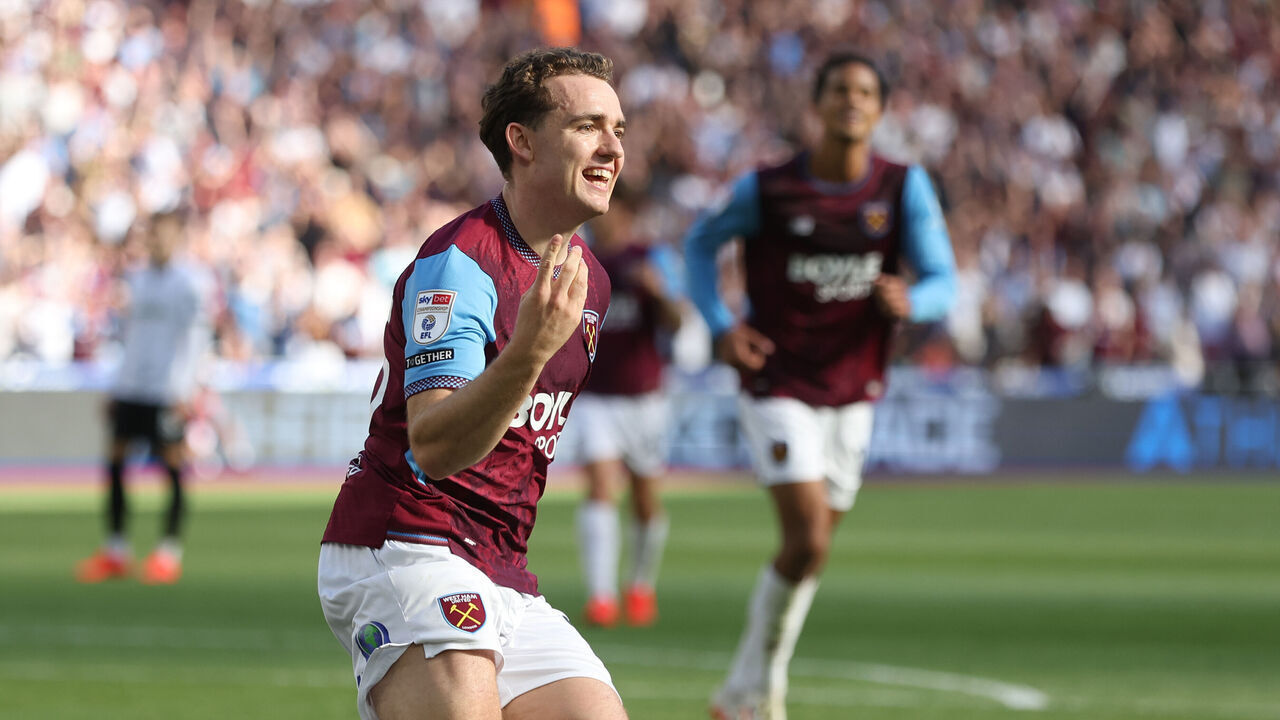LONDON, ENGLAND - SEPTEMBER 5: West Ham United's Edvin Austbo celebrates scoring his side's second goal during the Sky Bet Championship 2026/27 match between West Ham United and Derby County at London Stadium on September 5, 2026 in London, United Kingdom.