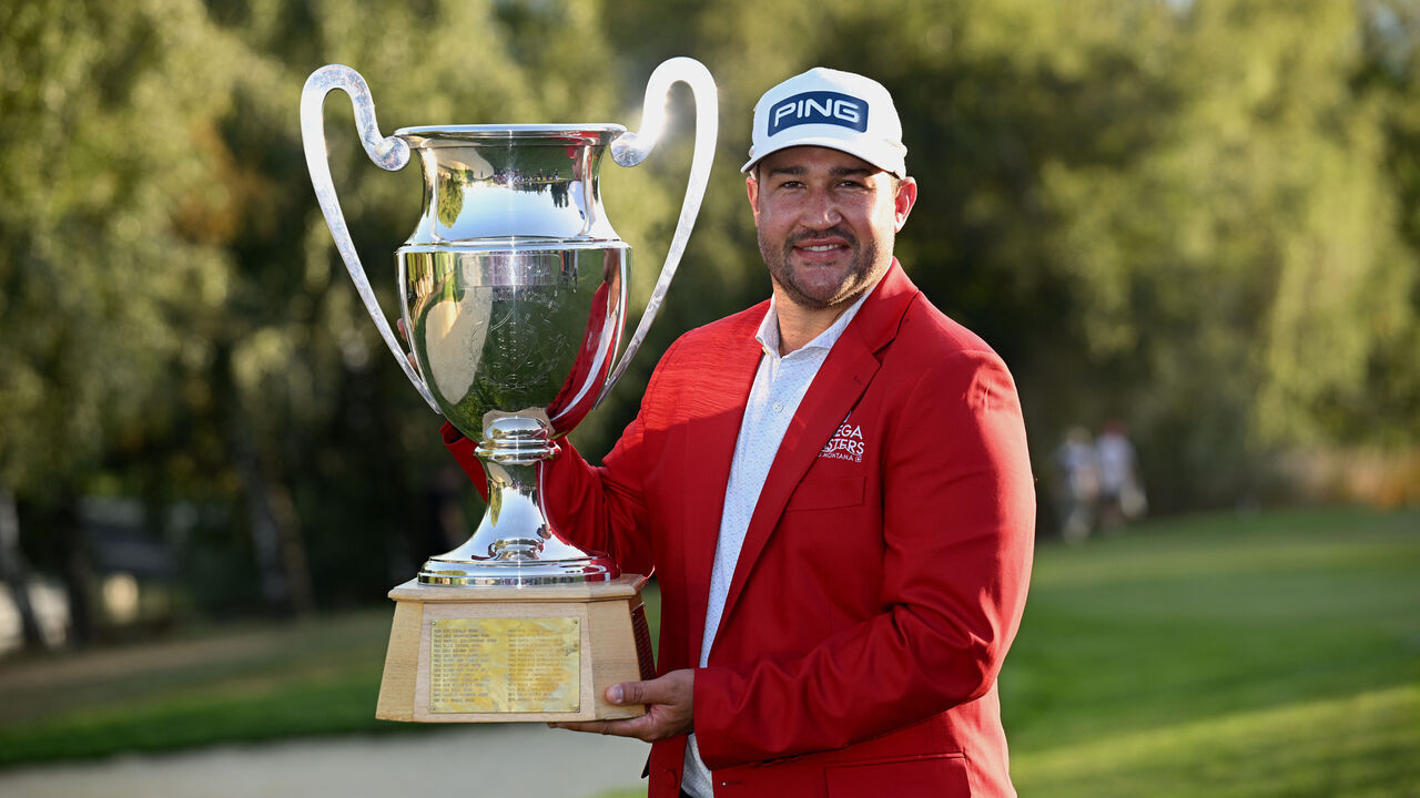 CRANS-MONTANA, SWITZERLAND - SEPTEMBER 06: Thriston Lawrence of South Africa poses with the trophy following victory on day four of the Omega European Masters at Crans-sur-Sierre Golf Club on September 06, 2026 in Crans-Montana, Switzerland.