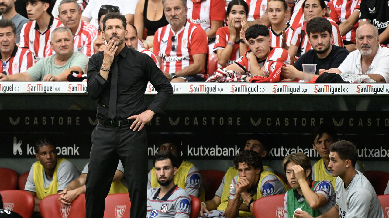 Atletico Madrid's Argentine coach Diego Simeone reacts during the Spanish league football match between Athletic Club Bilbao and Club Atletico de Madrid at San Mames Stadium in Bilbao on September 5, 2026.