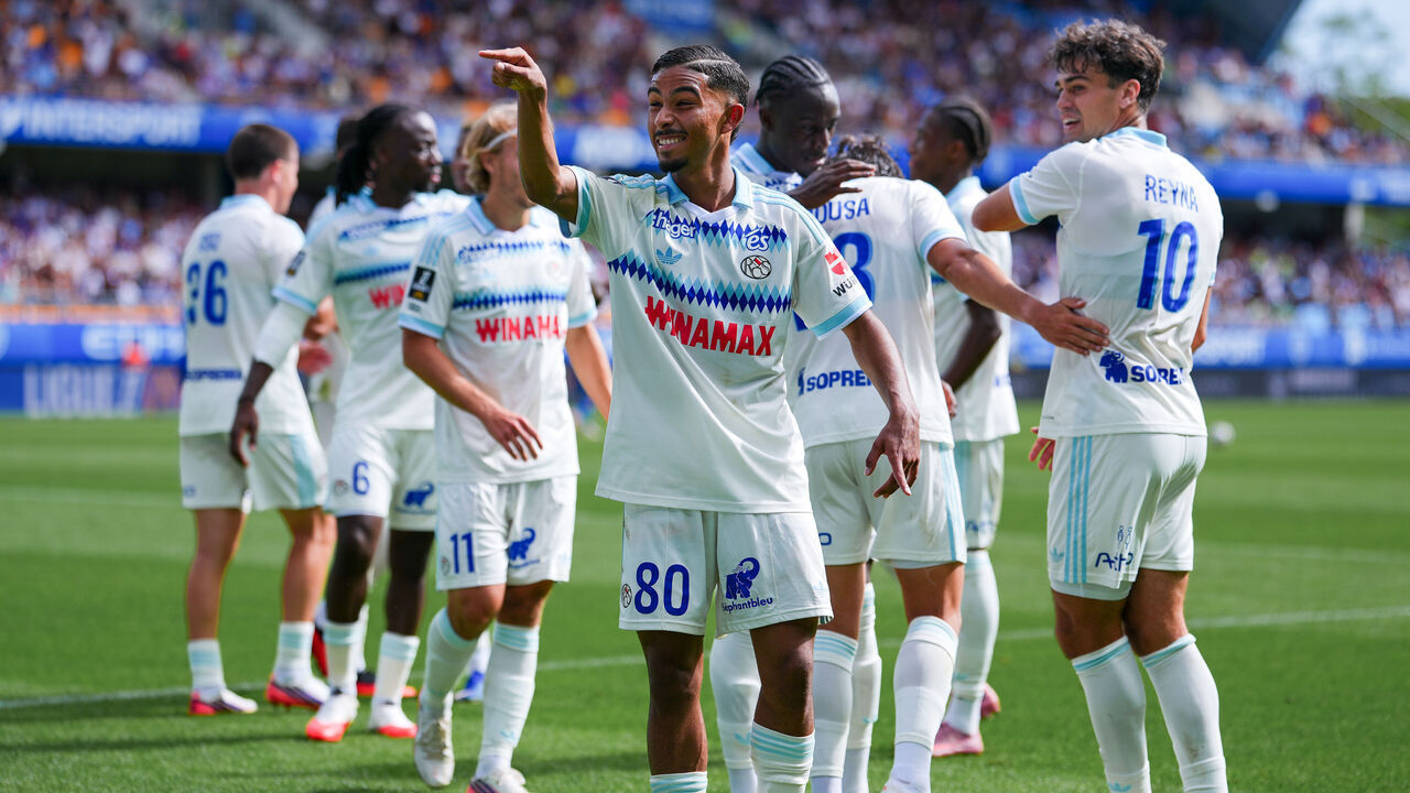 TROYES, FRANCE - SEPTEMBER 05: Gessime Yassine of RC Strasbourg Alsace celebrates after his team's second goal during the Ligue 1 McDonald's 2026/27 match between ES Troyes AC and Racing Club de Strasbourg Alsace at Stade de l'Aube on September 05, 2026 in Troyes, France.