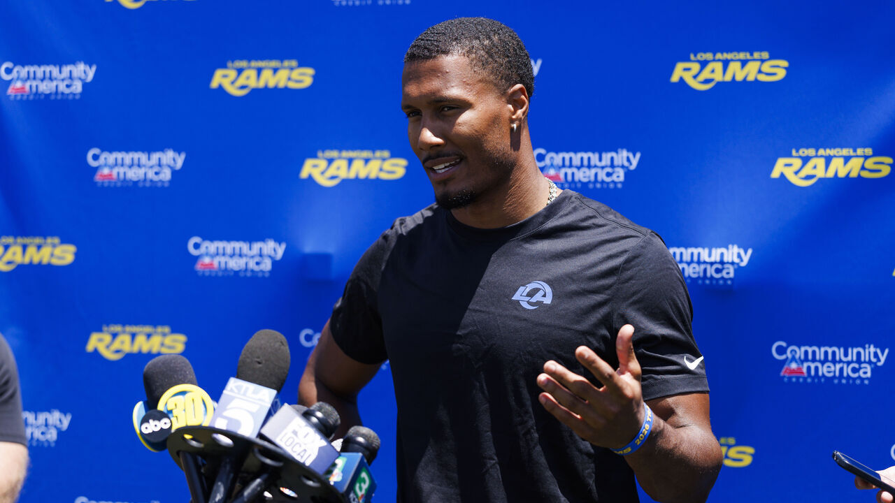 LOS ANGELES, CALIFORNIA - JULY 28: Quentin Lake #37 of the Los Angeles Rams speaks with members of the media during training camp at Loyola Marymount University on July 28, 2026 in Los Angeles, California.