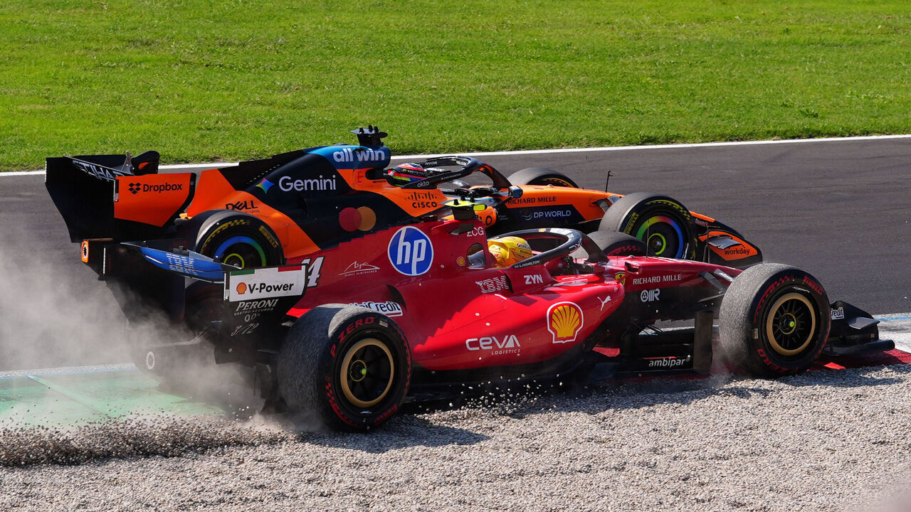 Ferrari driver Lewis Hamilton goes off-track after a coming together with team-mate Charles Leclerc at the first chicane during the Italian Grand Prix at the Autodromo Nazionale Monza in Italy. Picture date: Sunday September 6, 2026.