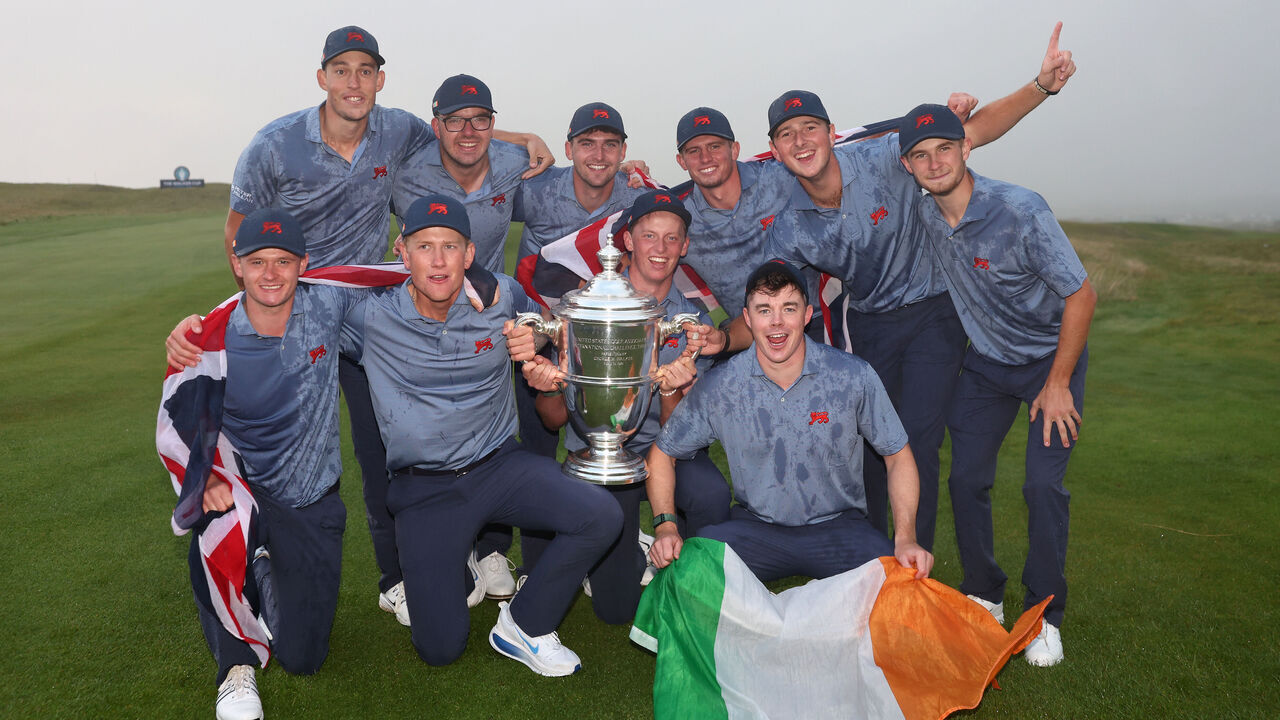 LAHINCH, IRELAND - SEPTEMBER 6: The Great Britain & Ireland players celebrate with the trophy following their victory during the Sunday Singles on Day Two of the Walker Cup at Lahinch Golf Club on September 6, 2026 in Lahinch, County Clare.