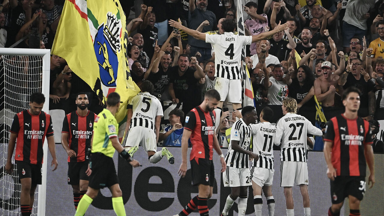 Juventus' Italian defender #04 Federico Gatti celebrates scoring his team's first goal during the Italian Serie A football match between Juventus and AC Milan at the Allianz Stadium in Turin on September 6, 2026.
