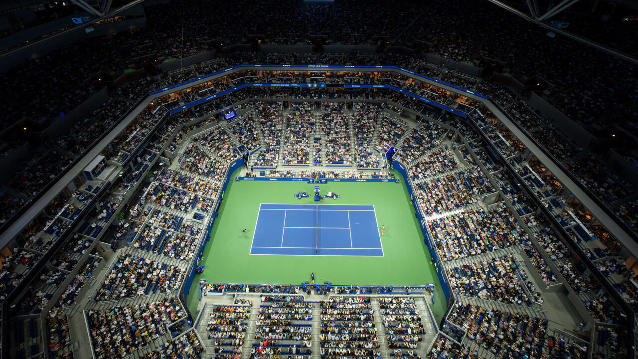 NEW YORK, NEW YORK - SEPTEMBER 05: A general view over Arthur Ashe Stadium during a Women's Singles match between Iva Jovic and Alexandra Eala on Day Seven of the 2026 US Open at USTA Billie Jean King National Tennis Center on Saturday, September 5, 2026 in Flushing, NY.