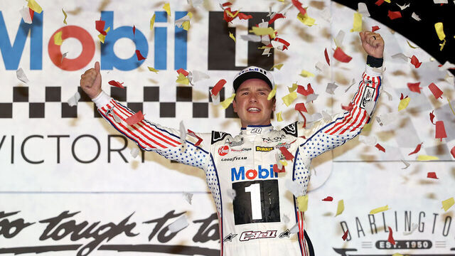DARLINGTON, SOUTH CAROLINA - SEPTEMBER 06: Christopher Bell, driver of the #20 Mobil 1 Toyota, celebrates in victory lane after winning the NASCAR Cup Series Cook Out Southern 500 at Darlington Raceway on September 06, 2026 in Darlington, South Carolina.