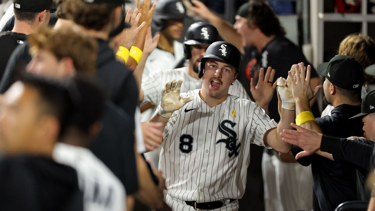 CHICAGO, IL - SEPTEMBER 06: Kyle Teel #8 of the Chicago White Sox celebrates with teammates in the dugout after hitting a three run home run in the eighth inning during the game between the Minnesota Twins and the Chicago White Sox at Rate Field on Sunday, September 6, 2026 in Chicago, Illinois.