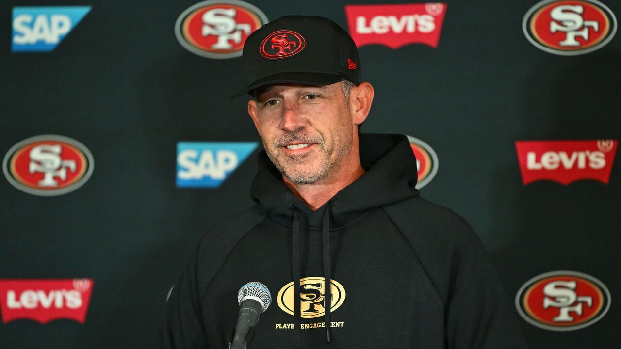 MELBOURNE, AUSTRALIA - SEPTEMBER 07: San Francisco 49ers Head Coach Kyle Shanahan talks to the media during a San Fransisco 49ers NFL media availability at AAMI Park on September 07, 2026 in Melbourne, Australia.