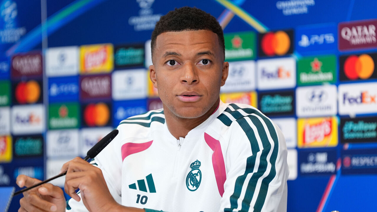 VALDEBEBAS, SPAIN - SEPTEMBER 07: Kylian Mbappe attends his press conference during the training day of Real Madrid ahead of the UEFA Champions League 2026/27 match against FC Internazionale Milano at Ciudad Deportiva Real Madrid on September 07, 2026, in Valdebebas, Madrid, Spain.