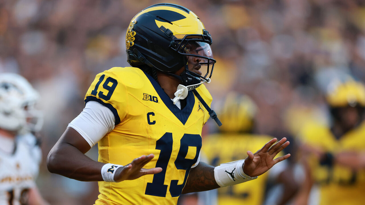 ANN ARBOR, MICHIGAN - SEPTEMBER 05: Bryce Underwood #19 of the Michigan Wolverines celebrates a first half touchdown while playing the Western Michigan Broncos at Michigan Stadium on September 05, 2026 in Ann Arbor, Michigan.
