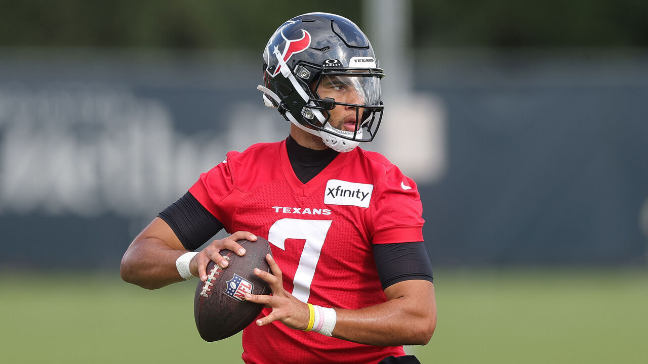 HOUSTON, TEXAS - AUGUST 01: C.J. Stroud #7 of the Houston Texans passes the ball during Houston Texans training camp at Houston Methodist Training Center on August 01, 2026 in Houston, Texas.