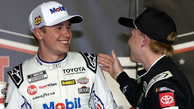 DARLINGTON, SOUTH CAROLINA - SEPTEMBER 06: Christopher Bell, driver of the #20 Mobil 1 Toyota, (L) is congratulated by Ty Gibbs, driver of the #54 Monster Energy Toyota, in victory lane after winning the NASCAR Cup Series Cook Out Southern 500 at Darlington Raceway on September 06, 2026 in Darlington, South Carolina.