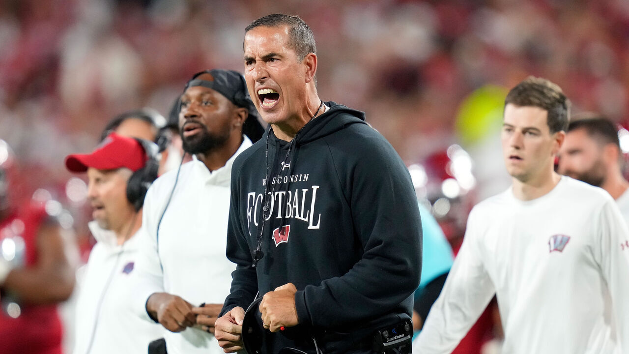 GREEN BAY, WISCONSIN - SEPTEMBER 06: Head Coach Luke Fickell of the Wisconsin Badgers reacts after an unnecessary roughness penalty called on the Badgers in the first quarter against the Notre Dame Fighting Irish at Lambeau Field on September 06, 2026 in Green Bay, Wisconsin.