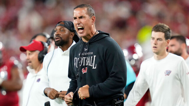 GREEN BAY, WISCONSIN - SEPTEMBER 06: Head Coach Luke Fickell of the Wisconsin Badgers reacts after an unnecessary roughness penalty called on the Badgers in the first quarter against the Notre Dame Fighting Irish at Lambeau Field on September 06, 2026 in Green Bay, Wisconsin.