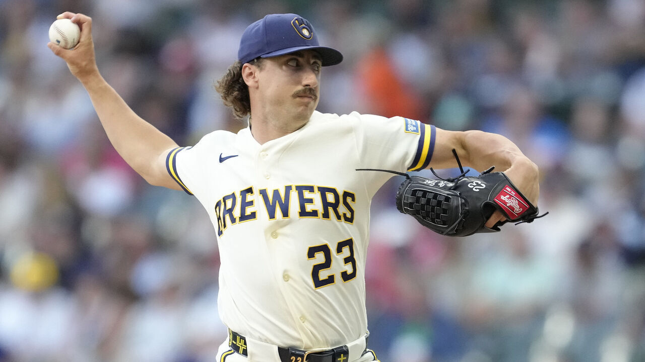 MILWAUKEE, WISCONSIN - AUGUST 03: Brandon Sproat #23 of the Milwaukee Brewers pitches against the Pittsburgh Pirates in the first inning at American Family Field on August 03, 2026 in Milwaukee, Wisconsin.