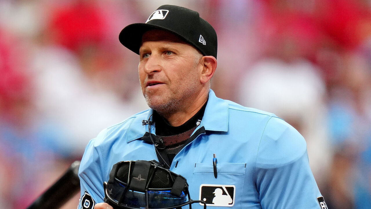ST. LOUIS, MO - MARCH 26: Home plate umpire Chris Guccione looks on during the game between the Tampa Bay Rays and the St. Louis Cardinals at Busch Stadium on Thursday, March 26, 2026 in St. Louis, Missouri.