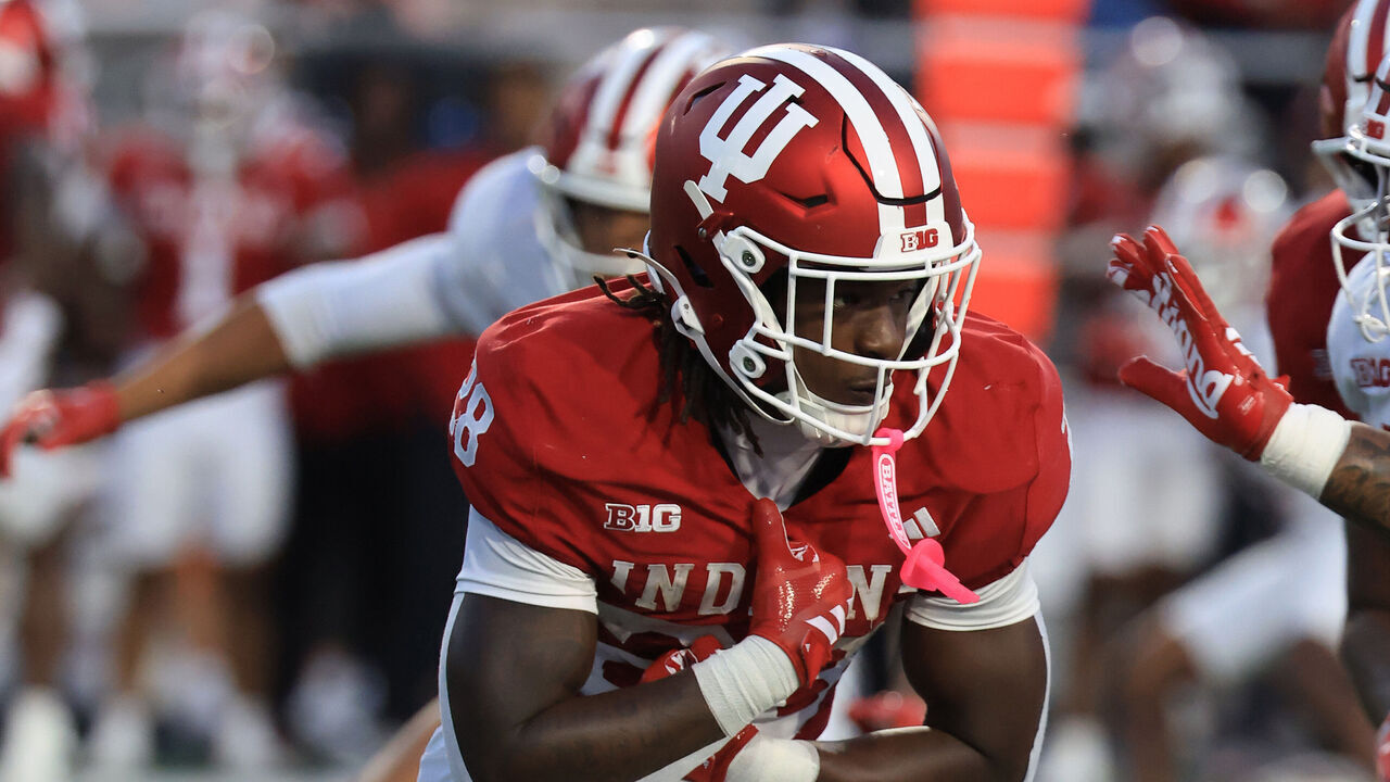BLOOMINGTON, INDIANA - APRIL 23: Khobie Martin #28 of the Indiana Hoosiers runs the ball during the 2026 Indiana Spring Football Game at Memorial Stadium on April 23, 2026 in Bloomington, Indiana.
