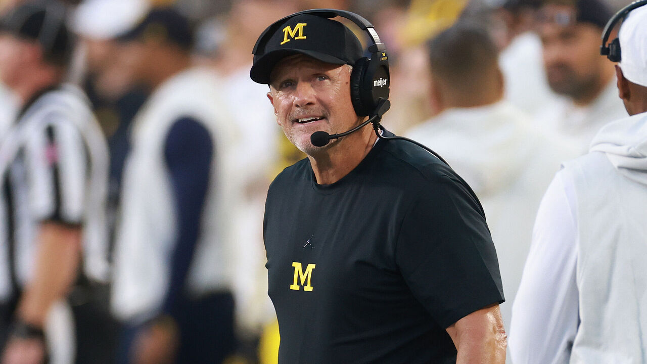 ANN ARBOR, MICHIGAN - SEPTEMBER 05: Head coach Kyle Whittingham of the Michigan Wolverines looks on while playing the Western Michigan Broncos at Michigan Stadium on September 05, 2026 in Ann Arbor, Michigan.