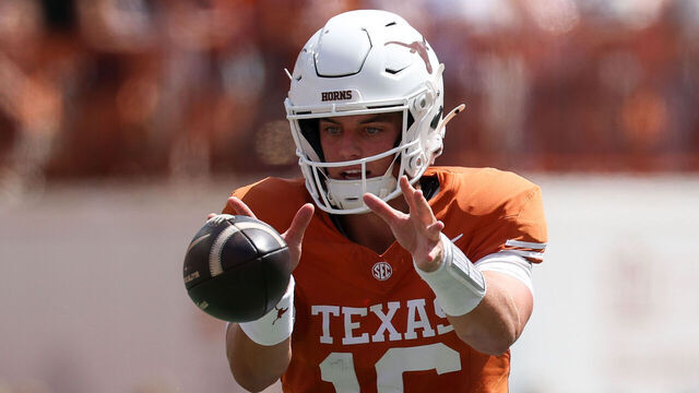 AUSTIN, TX - SEPTEMBER 05: Quarterback Arch Manning #16 of the Texas Longhorns takes a long snap during the college football game the Texas Longhorns and the Texas State Bobcats on September 5, 2026, at Darrell K Royal-Texas Memorial Stadium in Austin, TX.