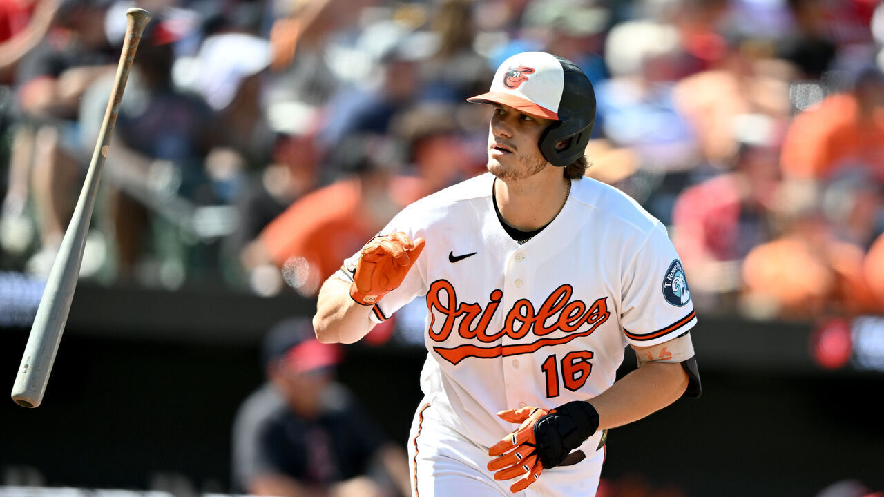 BALTIMORE, MARYLAND - SEPTEMBER 07: Coby Mayo #16 of the Baltimore Orioles tosses his bat after hitting a home run in the third inning against the Cleveland Guardians at Oriole Park at Camden Yards on September 07, 2026 in Baltimore, Maryland.
