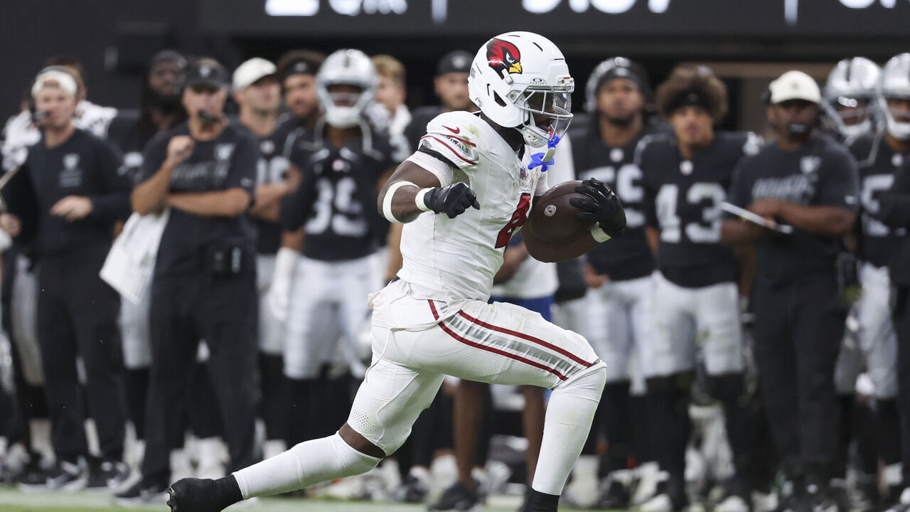 LAS VEGAS, NEVADA - AUGUST 13: Jeremiyah Love #4 of the Arizona Cardinals runs the ball against the Las Vegas Raiders in the second quarter of the preseason game at Allegiant Stadium on August 13, 2026 in Las Vegas, Nevada.