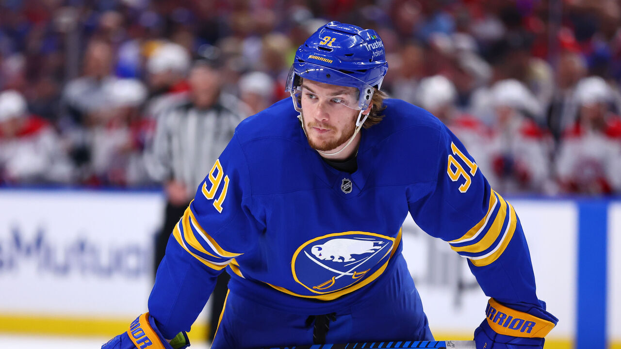 BUFFALO, NEW YORK - MAY 18: Josh Doan #91 of the Buffalo Sabres prepares for a faceoff against the Montreal Canadiens in Game Seven of the Second Round of the 2026 Stanley Cup Playoffs at KeyBank Center on May 18, 2026 in Buffalo, New York.