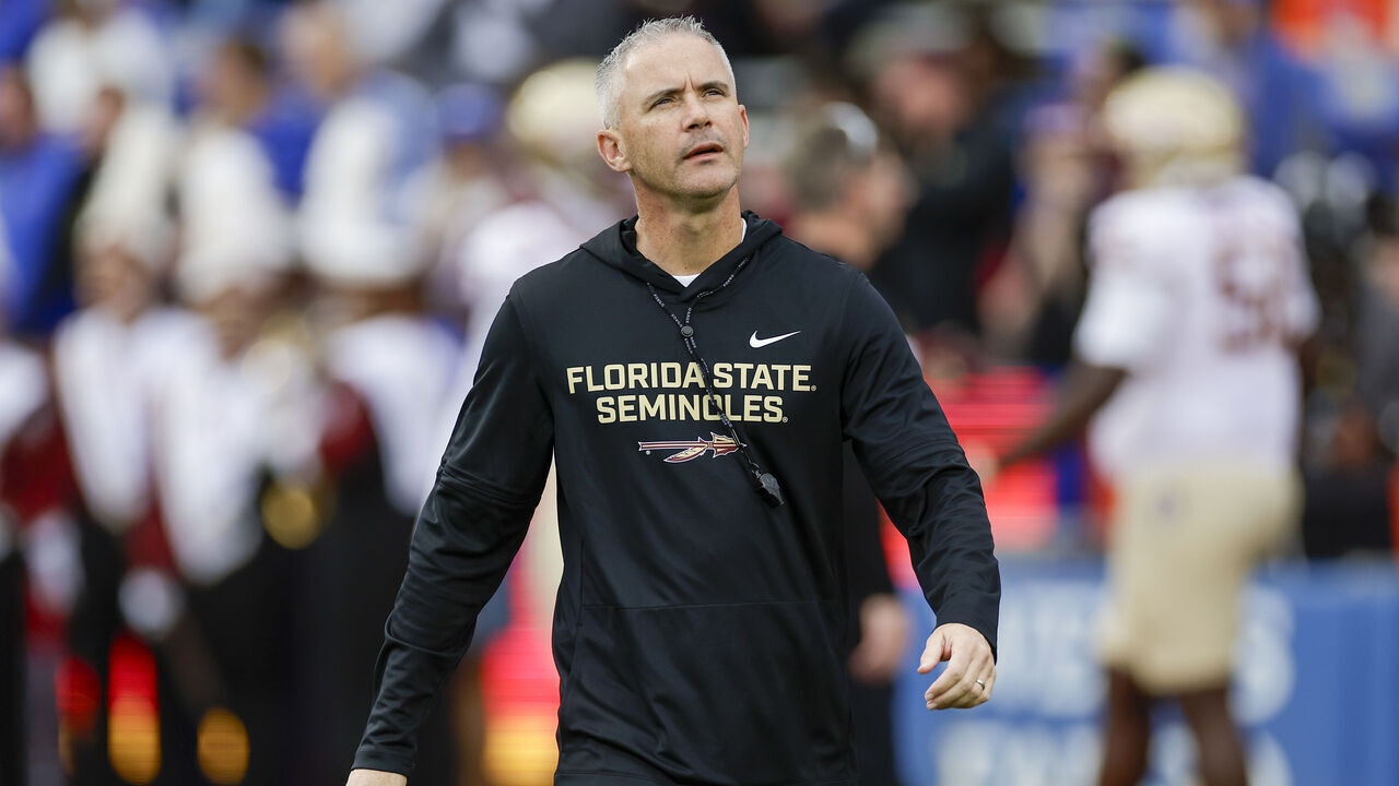 GAINESVILLE, FL - NOVEMBER 29: Florida State Seminoles head coach Mike Norvell looks on before the game between the Florida State Seminoles and the Florida Gators on November 29, 2025 at Ben Hill Griffin Stadium at Florida Field in Gainesville, Fl.
