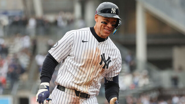 BRONX, NY - MAY 24: Right fielder Aaron Judge #99 of the New York Yankees rounds second base after hittting a two run walk off home run during a game between the Tampa Bay Rays and New York Yankees at Yankee Stadium on May 24, 2026 in the Bronx, New York.