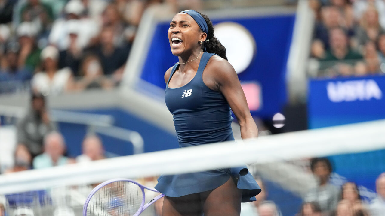 NEW YORK, NEW YORK - SEPTEMBER 07: Coco Gauff reacts against Iva Jovic during a Women's Singles match on Day Nine of the 2026 US Open at USTA Billie Jean King National Tennis Center on Monday, September 7, 2026 in Flushing, NY.