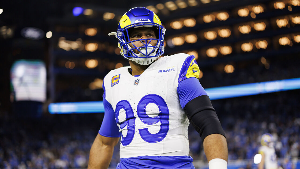 DETROIT, MICHIGAN - JANUARY 14: Aaron Donald #99 of the Los Angeles Rams looks on during pregame warmups prior to an NFC Wild Card Playoff football game against the Detroit Lions at Ford Field on January 14, 2024 in Detroit, Michigan.