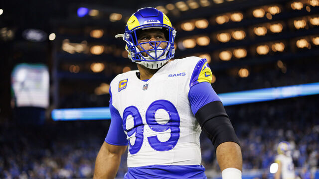 DETROIT, MICHIGAN - JANUARY 14: Aaron Donald #99 of the Los Angeles Rams looks on during pregame warmups prior to an NFC Wild Card Playoff football game against the Detroit Lions at Ford Field on January 14, 2024 in Detroit, Michigan.