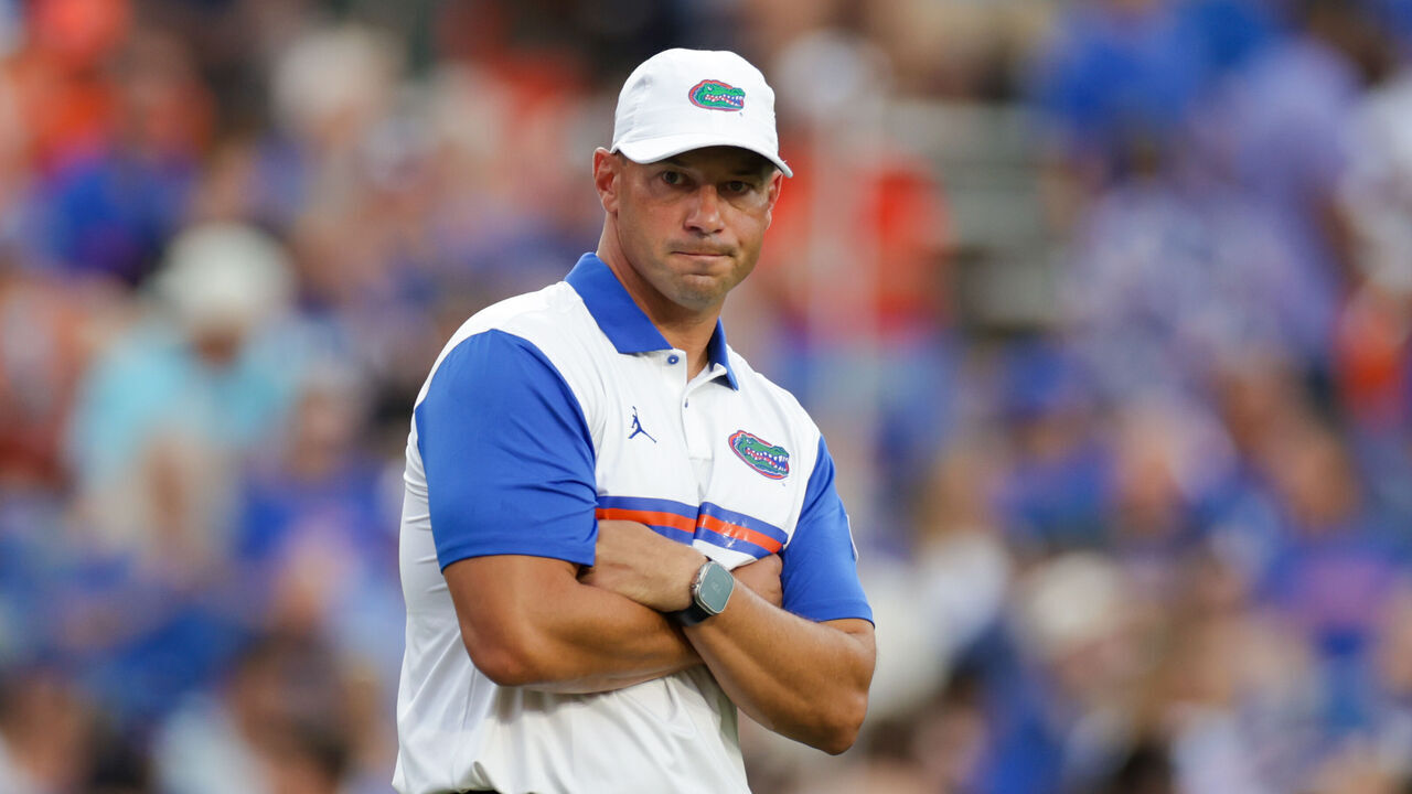 GAINESVILLE, FL - SEPTEMBER 05: Jon Sumrall of the Florida Gators looks on before the game between the Florida Gators and the Florida Atlantic Owls on September 5, 2026 at Ben Hill Griffin Stadium in Gainesville, Fl.