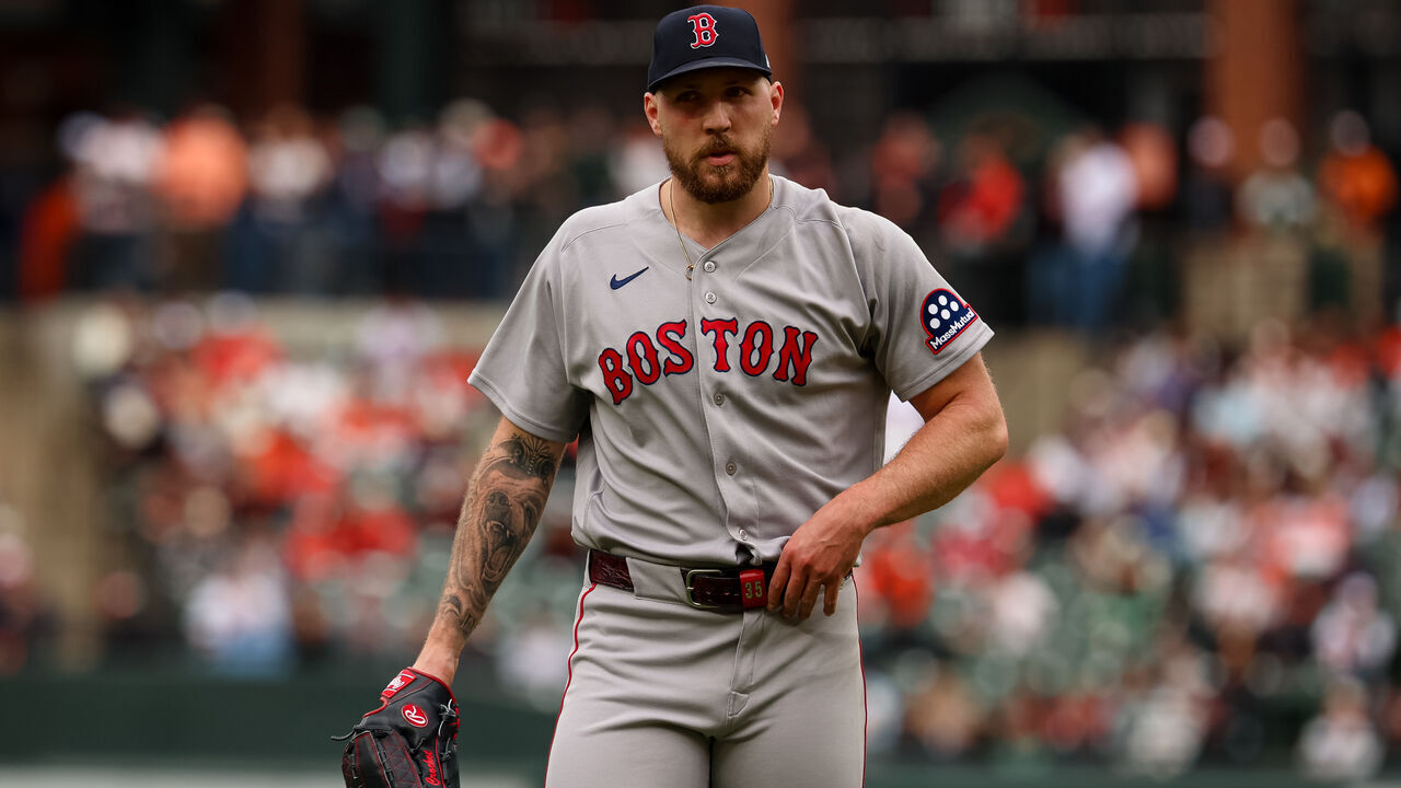 BALTIMORE, MD - APRIL 25: Garrett Crochet #35 of the Boston Red Sox looks on after pitching against the Baltimore Orioles during the fifth inning at Oriole Park at Camden Yards on April 25, 2026 in Baltimore, Maryland.