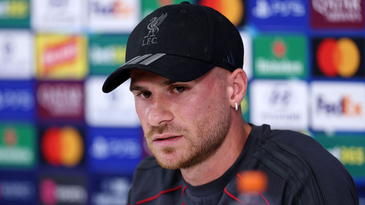 LIVERPOOL, ENGLAND - SEPTEMBER 08: Alexis Mac Allister of Liverpool speaks to the media during the press conference on day ahead of the UEFA Champions League 2026/27 League Phase MD1 at Anfield on September 08, 2026 in Liverpool, England.
