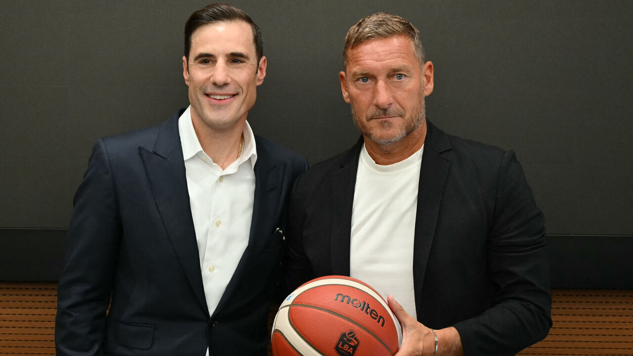 Maxima Roma's basket president Paul Matiasic (L) and former AS Roma captain Francesco Totti and Maxima Roma's new advisor, hold a press conference in Rome on September 8, 2026. Totti, who spent his entire playing career with AS Roma, joined Maxima Roma on September 1 as advisor to the ownership with responsibility for fan base development and corporate social responsibility. The club was created in June 2026 after US entrepreneur Paul Matiasic bought Pallacanestro Brescia's licence and relocated it to the Italian capital, and will play in the Italian Serie A and in the EuroCup