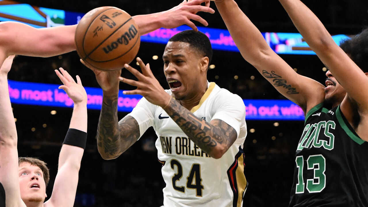 BOSTON, MASSACHUSETTS - APRIL 10: Jordan Hawkins #24 of the New Orleans Pelicans reacts after being fouled by Max Shulga #44 of the Boston Celtics during the second half at the TD Garden on April 10, 2026 in Boston, Massachusetts.