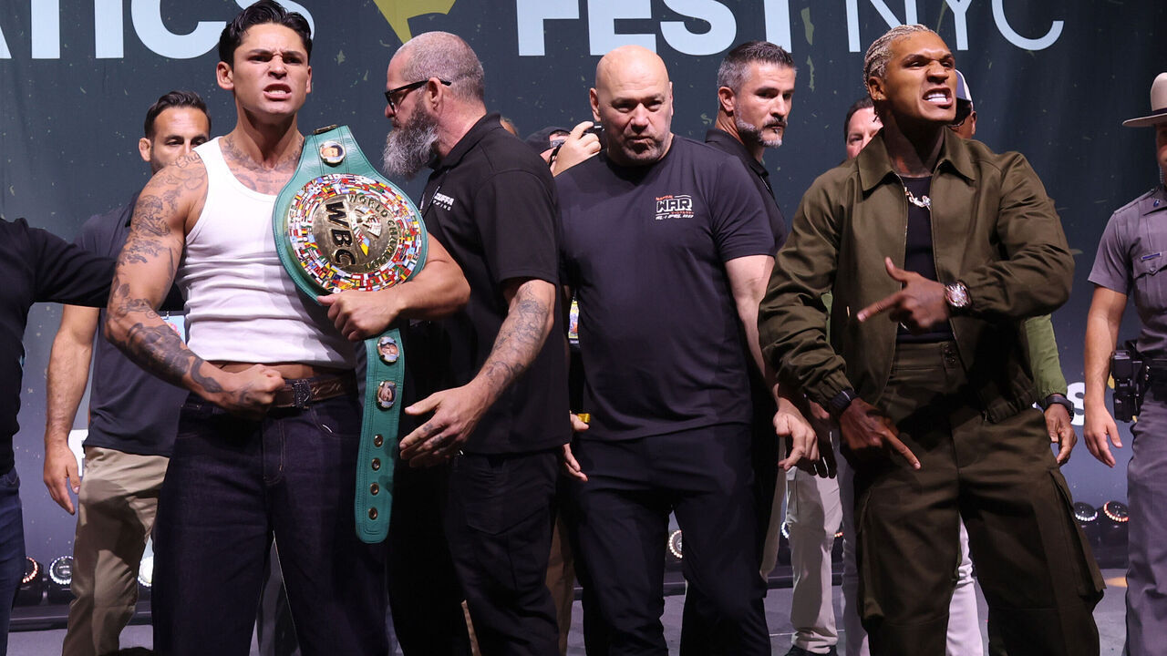 NEW YORK, NEW YORK - JULY 18: Ryan Garcia, Dana White and Conor Benn attend the Zuffa Boxing Media Day at Fanatics Fest NYC 2026 at Jacob Javits Center on July 18, 2026 in New York City.