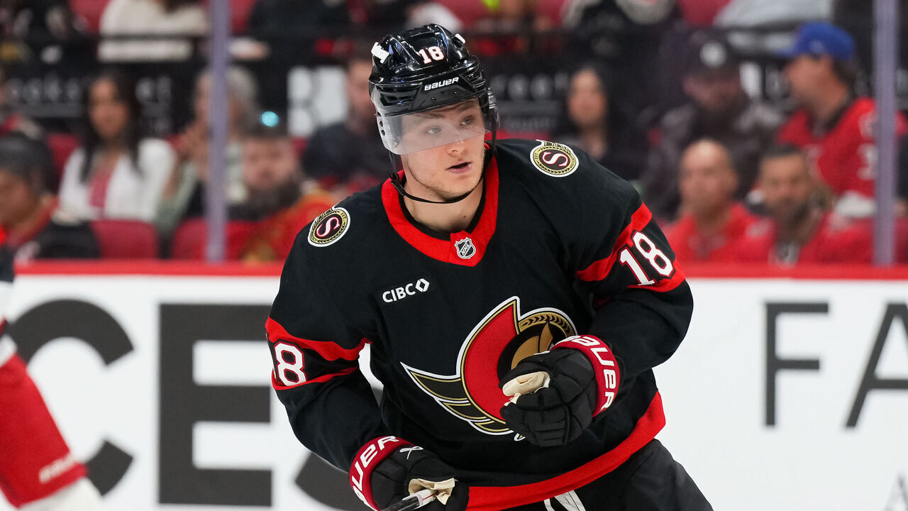 OTTAWA, CANADA - APRIL 25: Tim Stützle #18 of the Ottawa Senators skates against the Carolina Hurricanes in Game Four of the First Round of the 2026 Stanley Cup Playoffs at Canadian Tire Centre on April 25, 2026 in Ottawa, Canada.