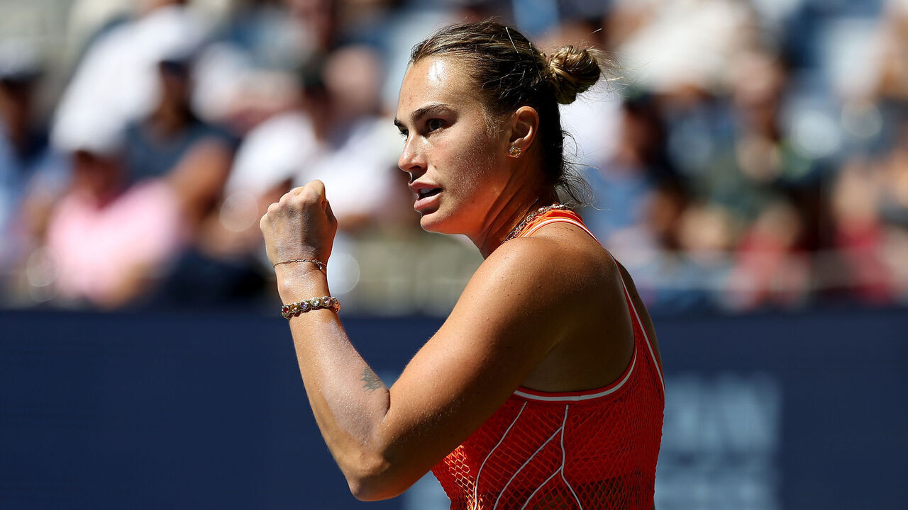 NEW YORK, NEW YORK - SEPTEMBER 08: Aryna Sabalenka celebrates a point against Linda Noskova of Czechia during their Women's Singles Quarterfinal match on Day Ten of the 2026 US Open at USTA Billie Jean King National Tennis Center on September 08, 2026 in the Flushing neighborhood of the Queens borough of New York City.