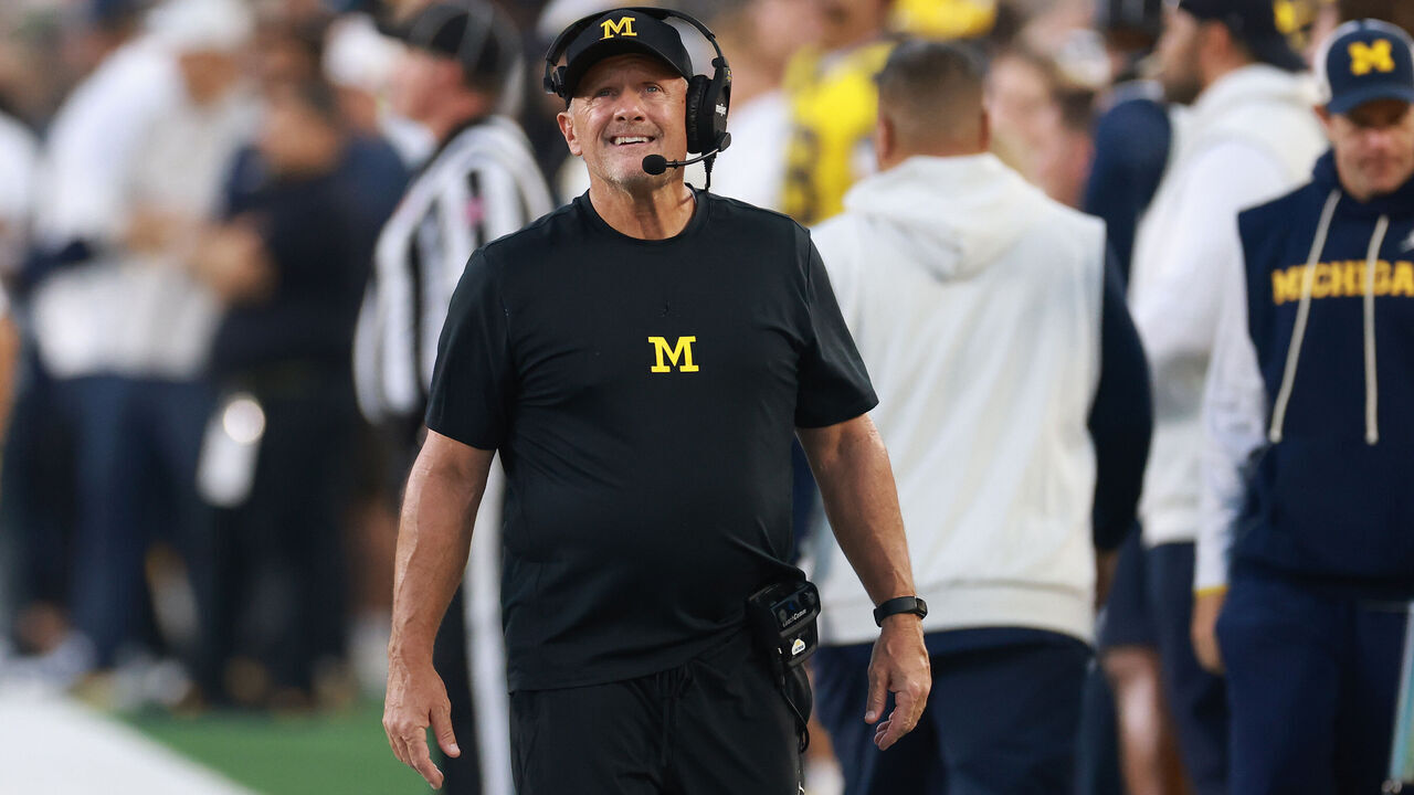 ANN ARBOR, MICHIGAN - SEPTEMBER 05: Head coach Kyle Whittingham of the Michigan Wolverines looks on while playing the Western Michigan Broncos at Michigan Stadium on September 05, 2026 in Ann Arbor, Michigan.